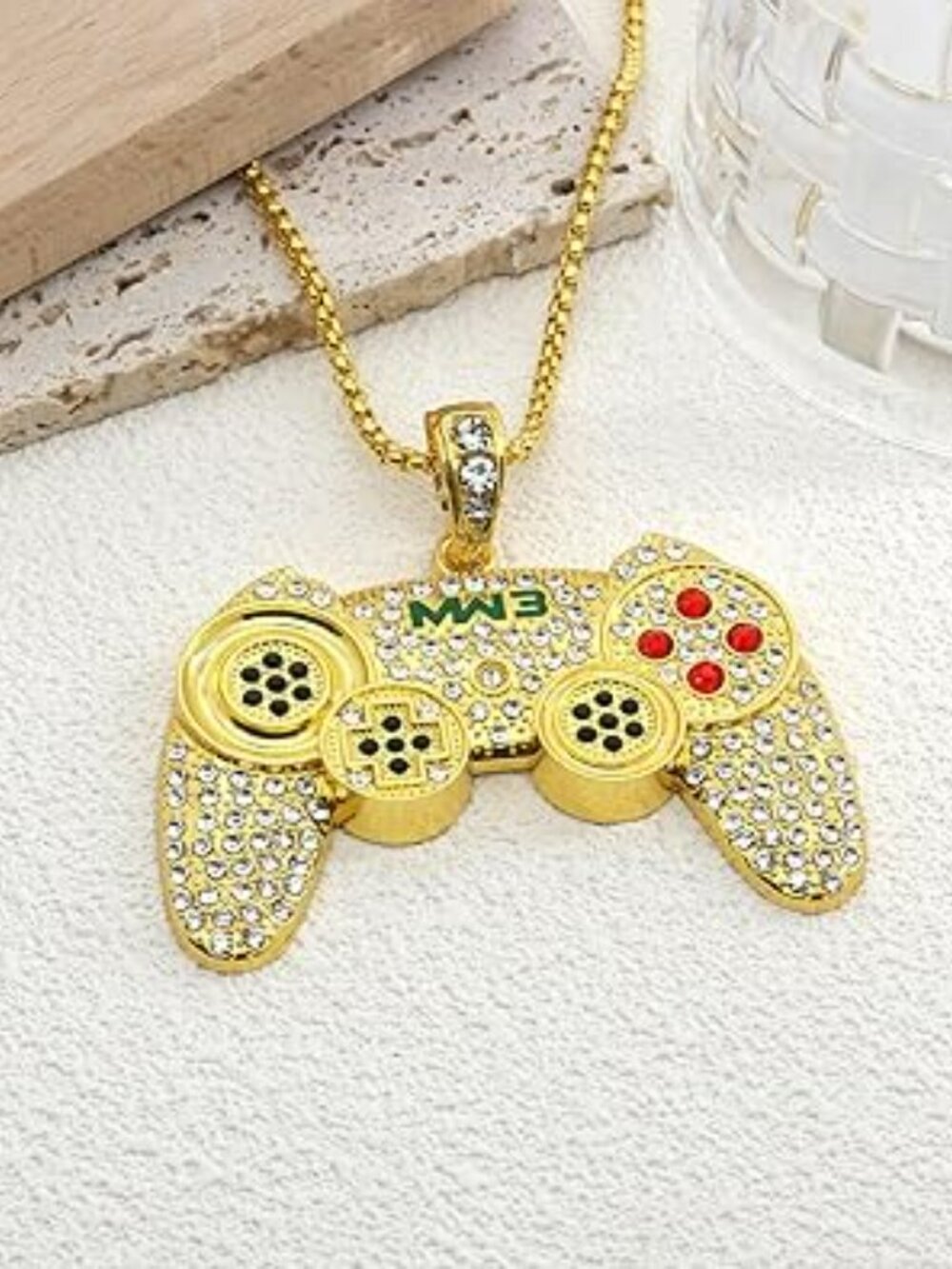 NEW Crystal Game Controller Gamer Punk Hip Hop PS3 Gold Necklace